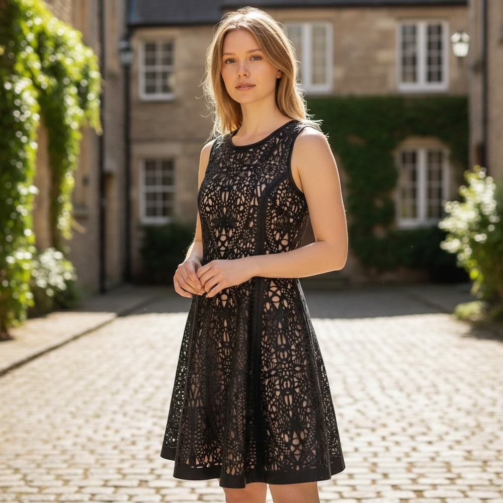 Parker Black Laser Cut Genuine Leather Fit and Flare Skater Dress XS PA091352LCL